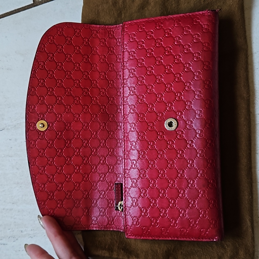 Gucci Trifold Wallet Red Leather Microguccisima GG Logo - Picture 6 of 12